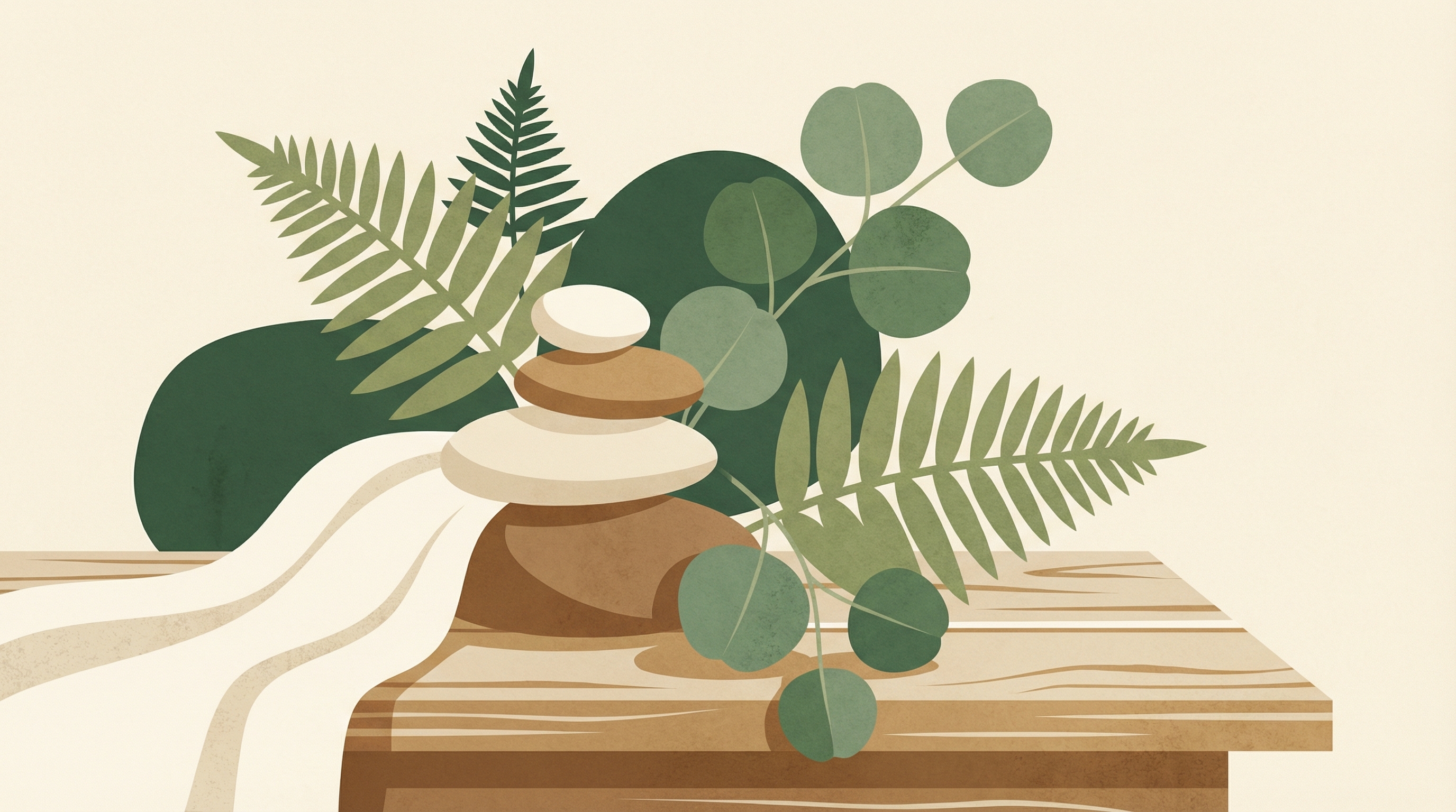 Illustration of stacked zen stones with ferns and eucalyptus — grounded bodywork aesthetic
