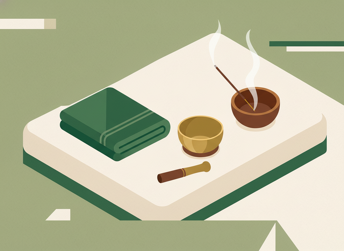 Illustration of incense, singing bowl, and cloth representing breath-led awareness