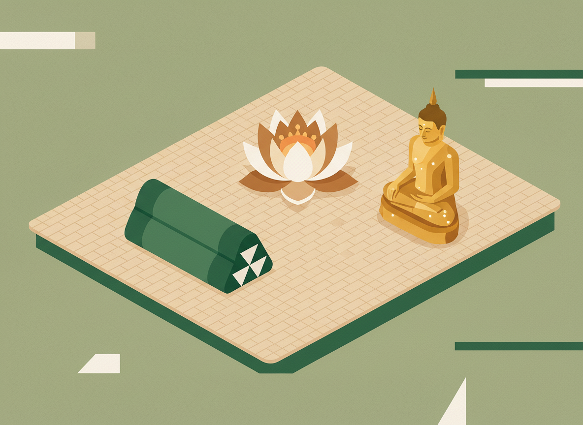 Illustration of lotus flower, bolster, and Buddha statue representing Thai bodywork lineage