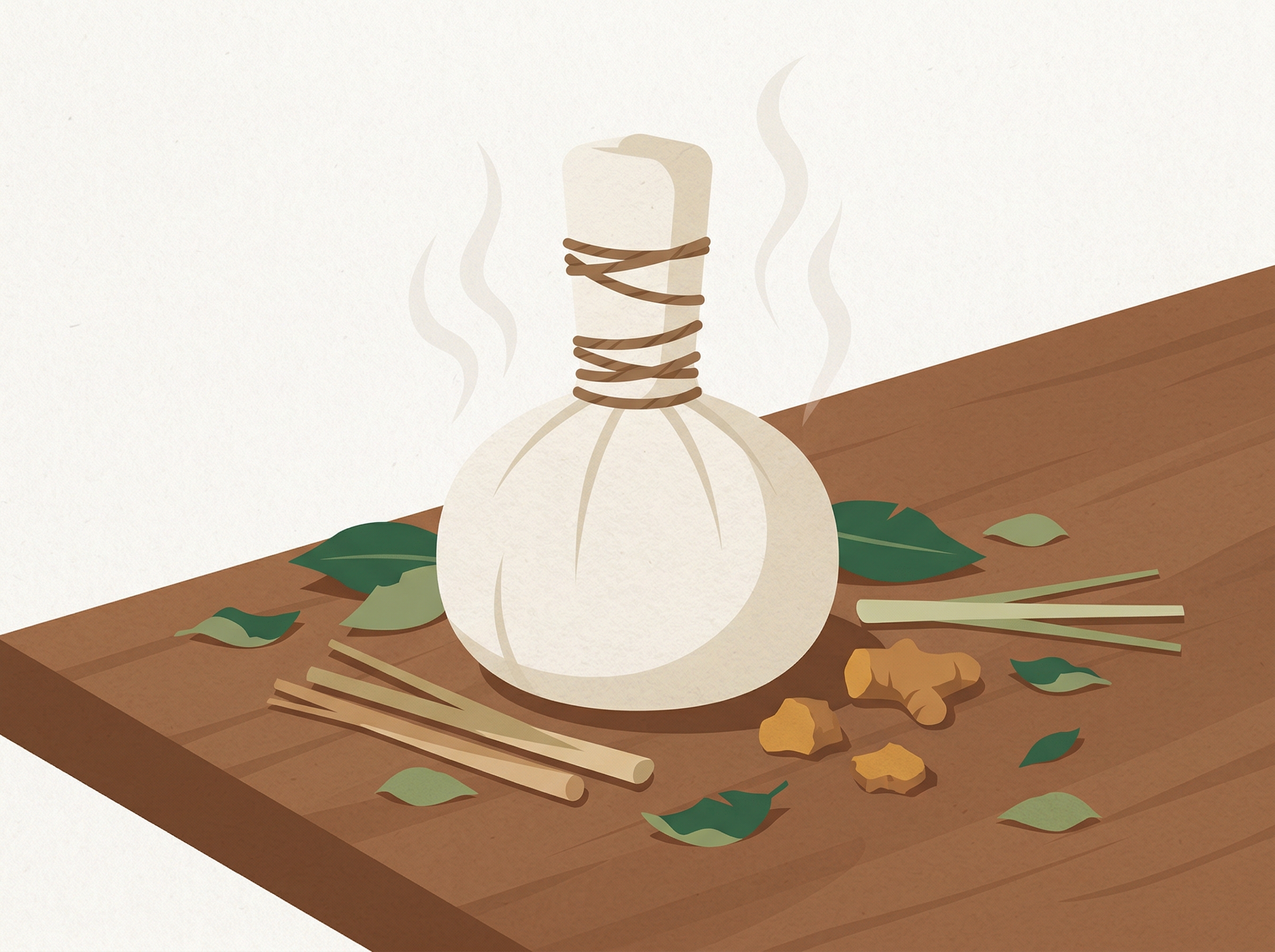 Illustration of a traditional Thai herbal heat compress with herbs